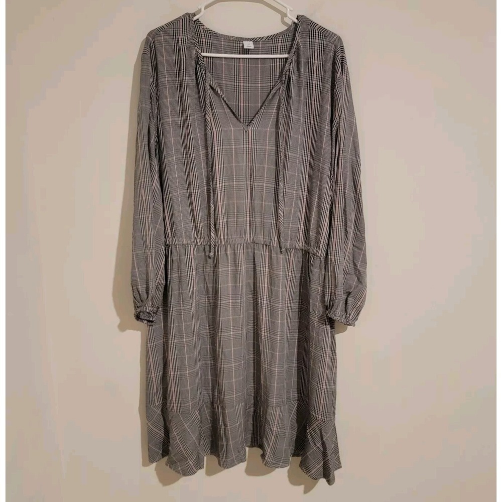 Old Navy Dress‎ Size XXL Glen Plaid Midi Elastic Drop Waist Long Sleeve